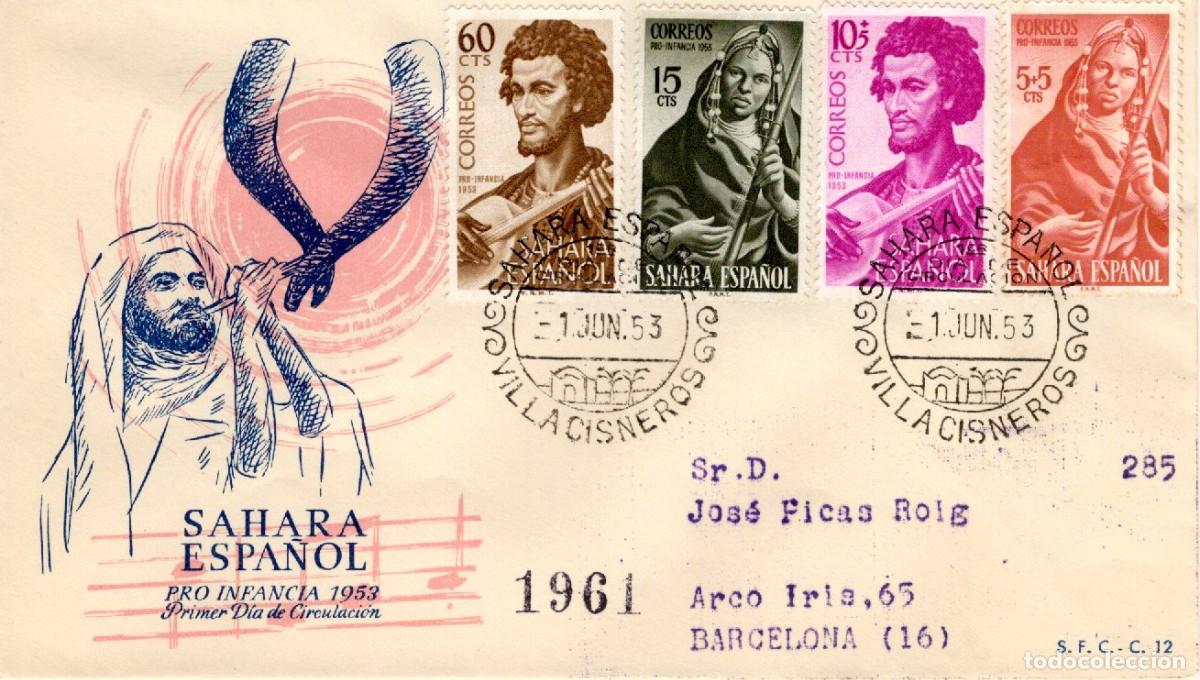 Francobolli: SC158 Sobre del primer d&iacute;a circulado y certificado SAHARA a&ntilde;o 1953 v.c. 5 &euro;