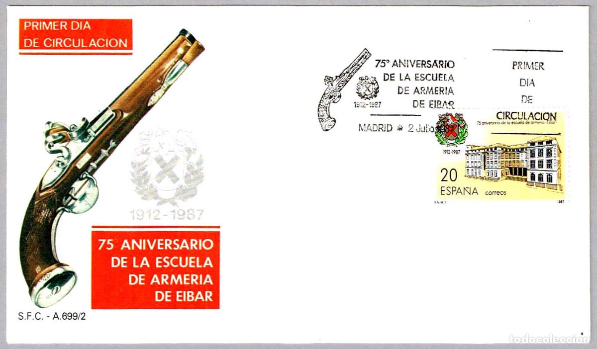Sellos: Matasellos Primer Dia 75 ANIV. ESCUELA DE ARMERIA DE EIBAR. Madrid 1987