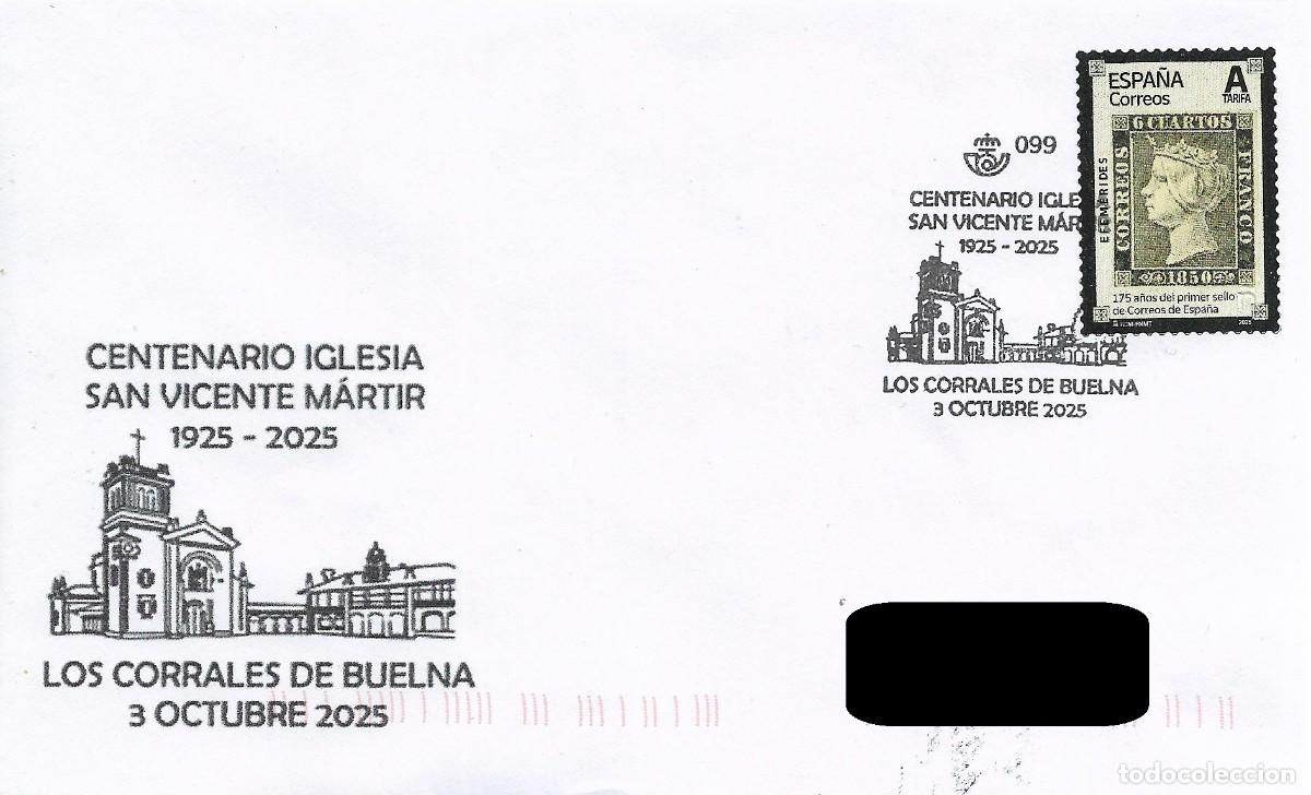 Sellos: ESPA&Ntilde;A. MATASELLOS ESPECIAL. CENTENARIO IGLESIA SAN VICENTE MARTIR. LOS CORRALES DE BUELNA. 2025