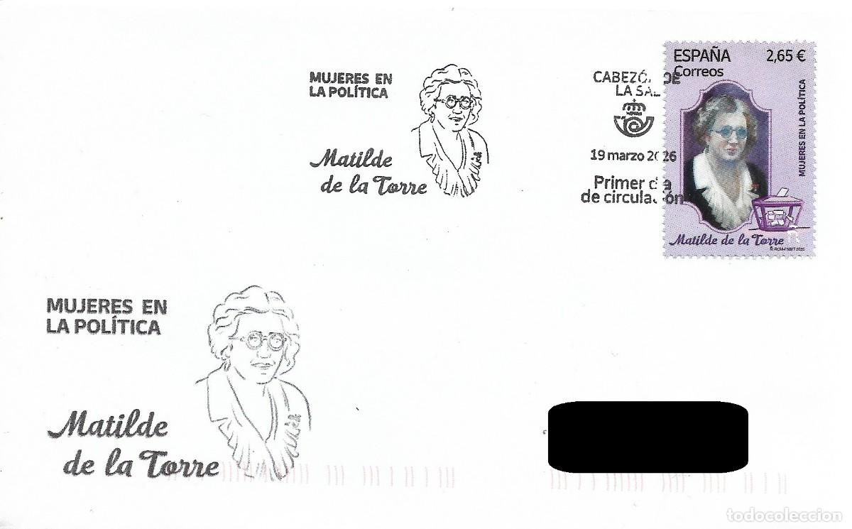 Sellos: ESPA&Ntilde;A. SOBRE PRIMER DIA. MATILDE DE LA TORRE. CABEZON DE LA SAL (CANTABRIA). 2026