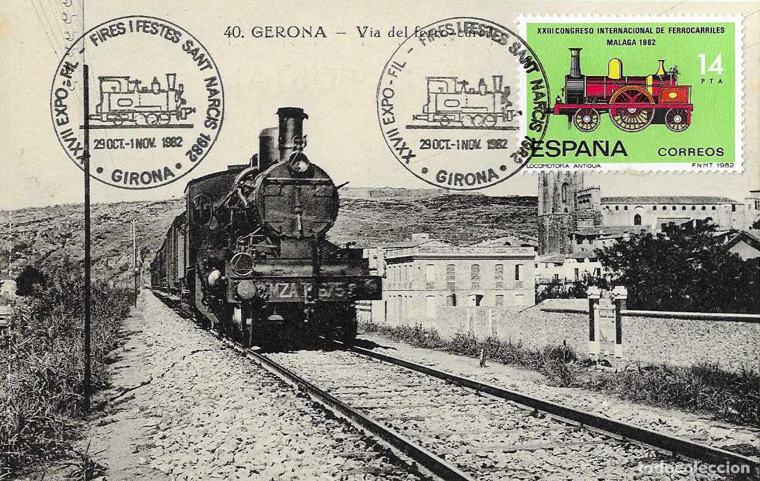 Sellos: TRENES XXVII FIRES I FESTES SANT NARCIS, GIRONA 1982 RARO MATASELLOS FERROCARRIL TARJETA VER REVERSO