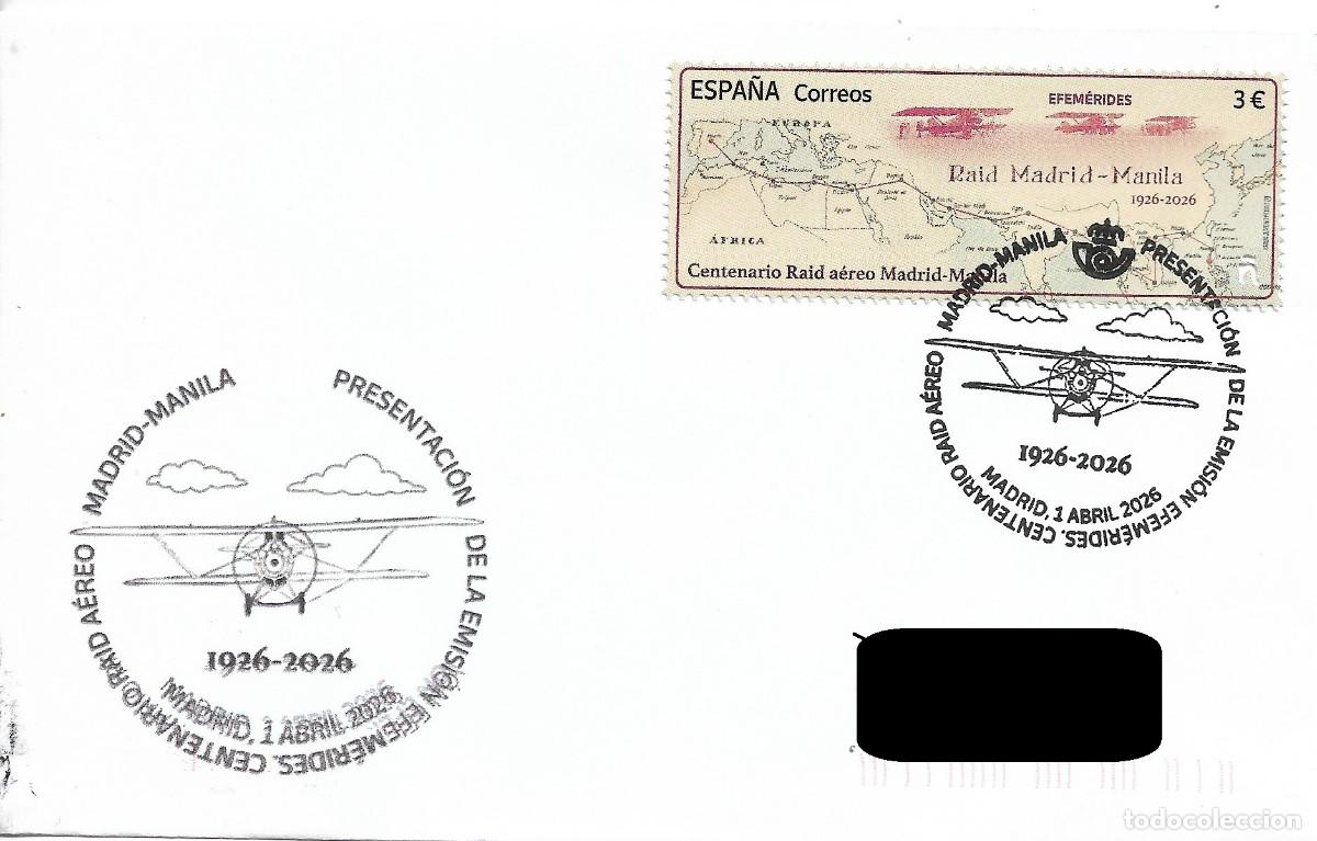 Sellos: ESPA&Ntilde;A. MATASELLOS ESPECIAL DE PRESENTACION. CENTENARIO RAID AEREO MADRID-MANILA. 2026