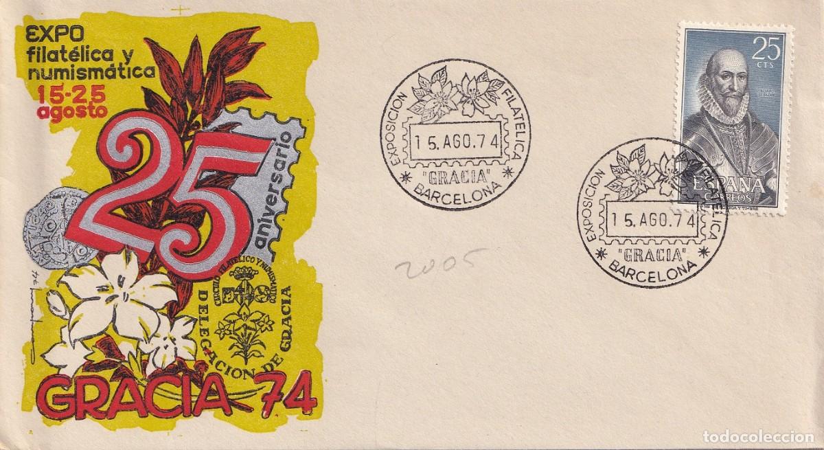 Sellos: Sobre Barcelona 1974 - XXV Exposici&oacute;n Filat&eacute;lica y Numism&aacute;tica de Gracia - Matasellos especiales