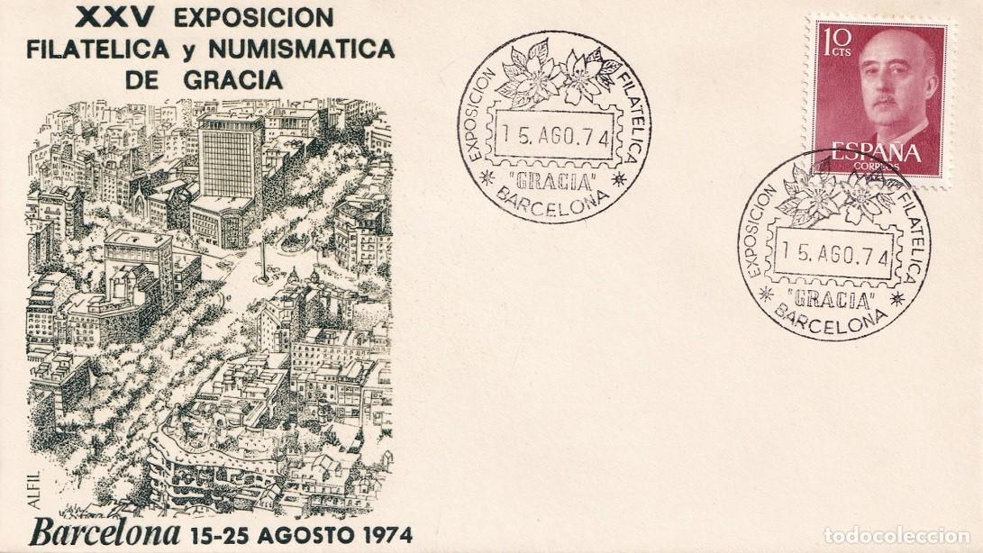 Sellos: Sobre en Alfil Barcelona 1974 - XXV Exposici&oacute;n Filat&eacute;lica y Numism&aacute;tica de Gracia - Matasellos