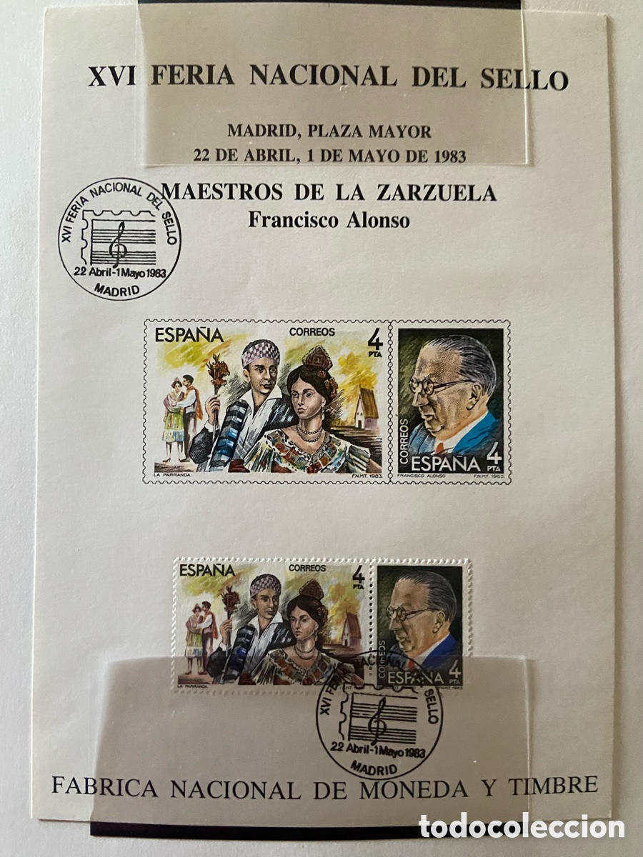Sellos: TARJETA FNMT XVI FERIA NACIONAL DEL SELLO 1983. M&Uacute;SICA. MAESTROS DE LA ZARZUELA. FRANCISCO ALONSO