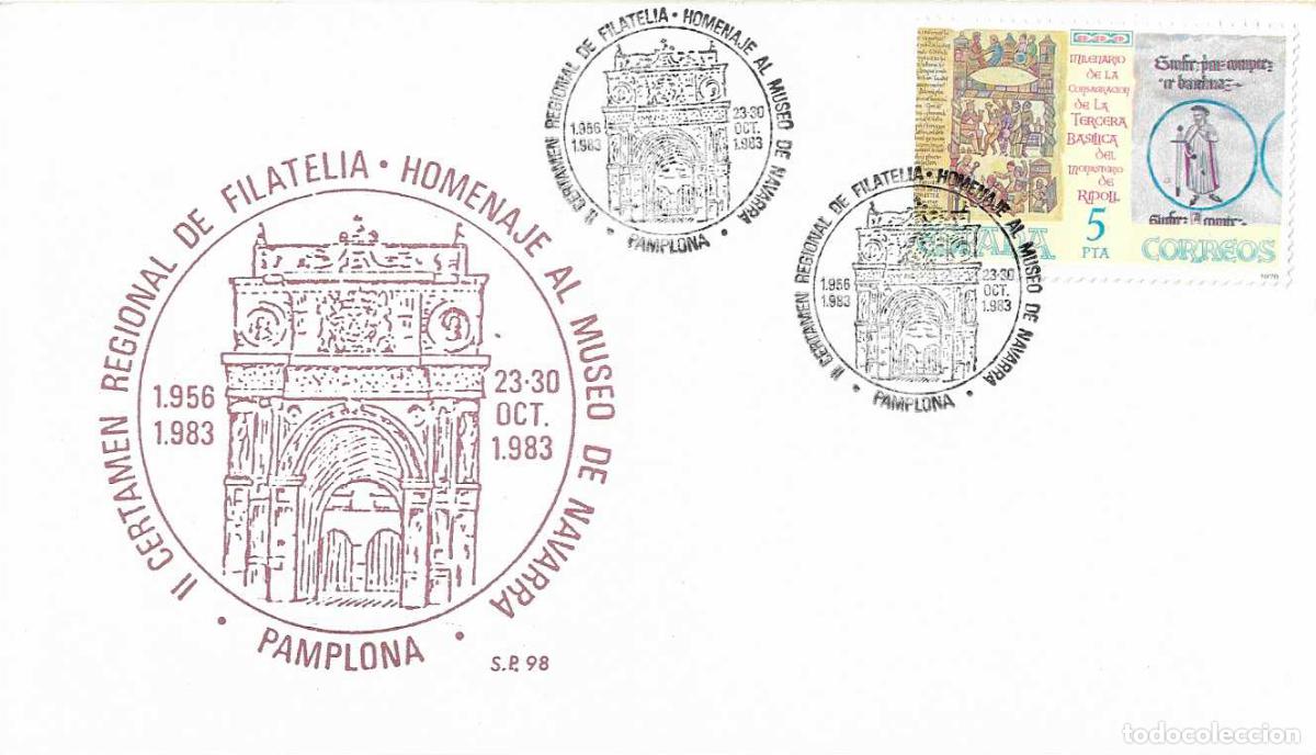 Sellos: MUSEO DE NAVARRA HOMENAJE II CERTAMEN, PAMPLONA 1983. MATASELLOS EN TARJETA DE SP BONITO Y RARO ASI