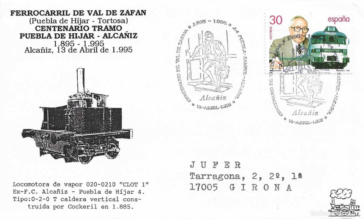 Sellos: TRENES FERROCARRIL VAL DE ZAFAN, ALCA&Ntilde;IZ (TERUEL) 1995. MATASELLOS EN RARO SOBRE ILUSTRADO