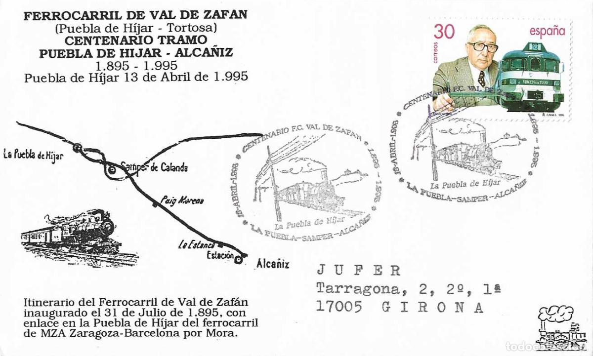 Sellos: TRENES FERROCARRIL VAL DE ZAFAN, LA PUEBLA DE HIJAR (TERUEL) 1995 MATASELLOS EN RARO SOBRE ILUSTRADO