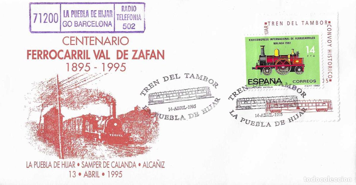 Sellos: RARO VI&Ntilde;ETA TRENES FERROCARRIL TREN TAMBOR, PUEBLA HIJAR (TERUEL) 14 ABRIL 1995 MATASELLOS SOBRE VER