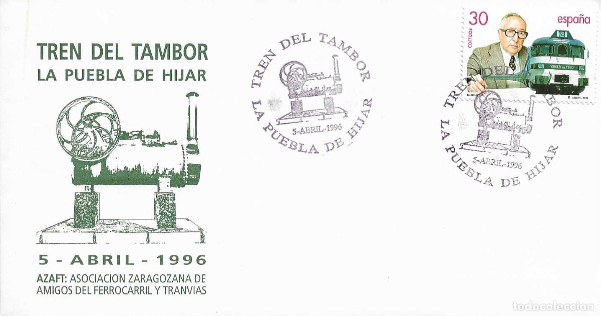 Sellos: TRENES FERROCARRIL TREN DEL TAMBOR ZARAGOZA-LA PUEBLA DE HIJAR (TERUEL) 1996. MATASELLOS RARO SOBRE