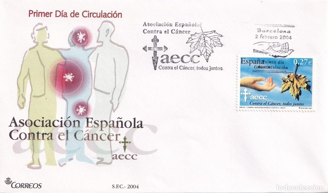 Sellos: SPD Barcelona 2004 - Asociaci&oacute;n Espa&ntilde;ola contra el c&aacute;ncer aecc - Primer d&iacute;a de circulaci&oacute;n - FDC