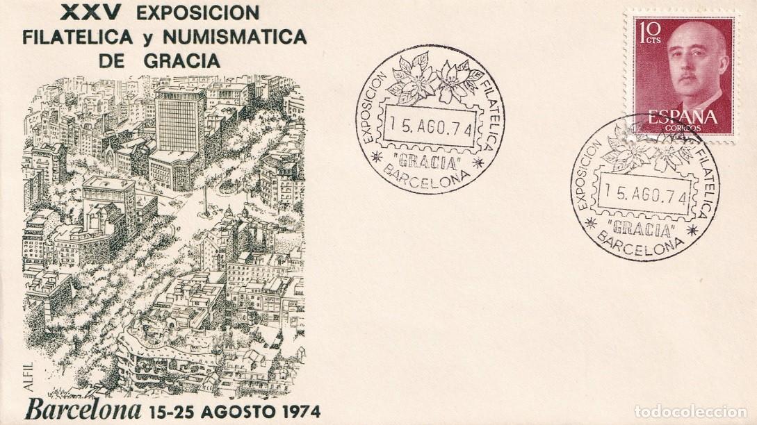 Sellos: Sobre en Alfil Barcelona 1974 - XXV Exposici&oacute;n Filat&eacute;lica y Numism&aacute;tica de Gracia - Matasellos