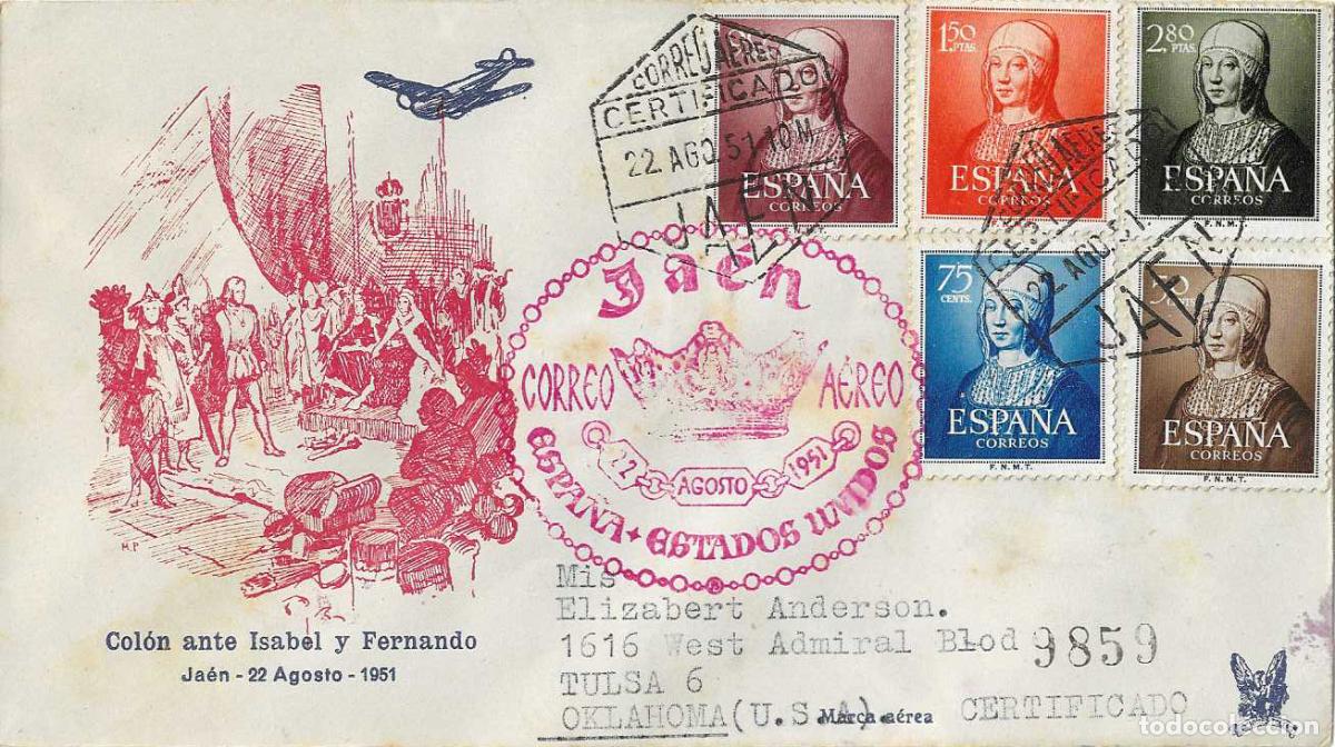 Sellos: V CENTENARIO ISABEL CATOLICA MARCA AEREA JAEN ESPA&Ntilde;A-EEUU 1951 SOBRE CIRCULADO ET (EDIFIL 1092/96)