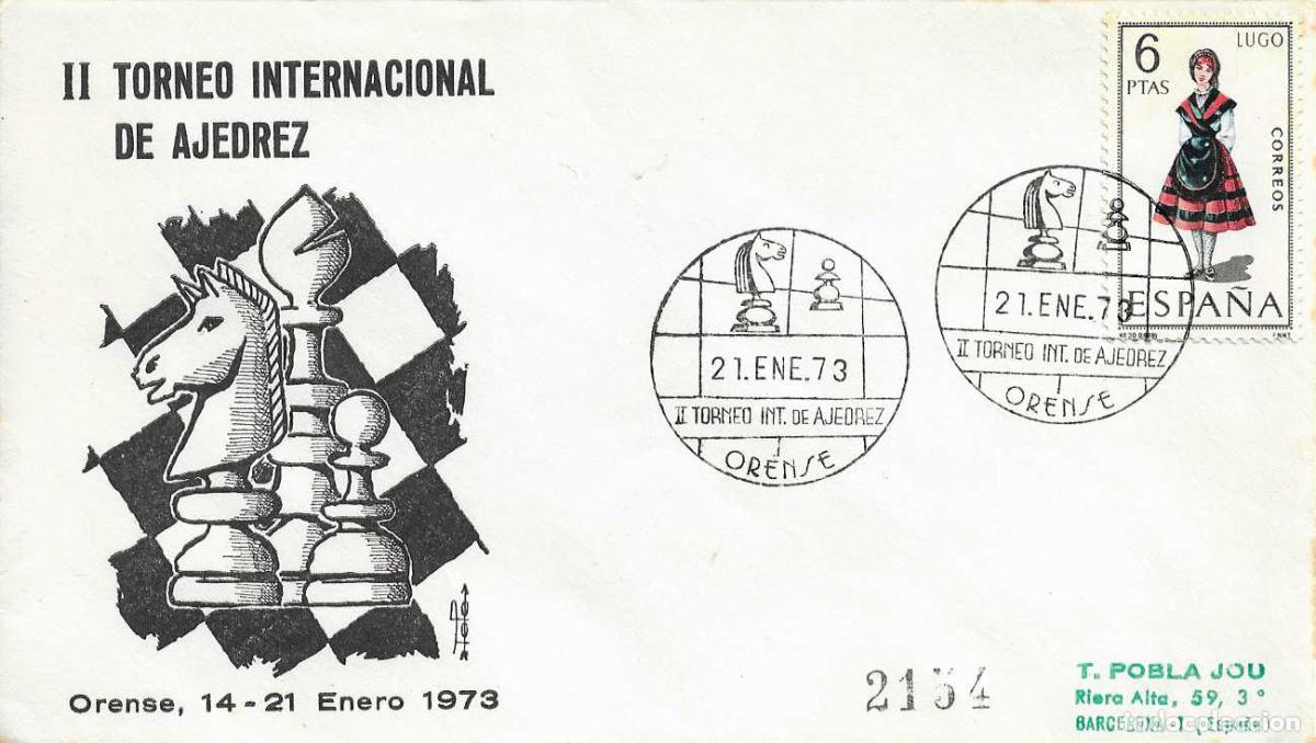 Sellos: AJEDREZ II TORNEO INTERNACIONAL, ORENSE 1973. MATASELLOS EN SOBRE CIRCULADO DE TOPO RARO ASI