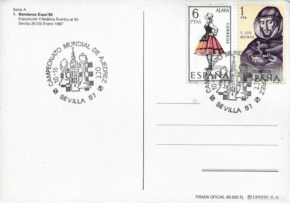 Sellos: AJEDREZ CAMPEONATO MUNDIAL, SEVILLA 1987. RARO MATASELLOS EN TARJETA ILUSTRADA VER ANVERSO