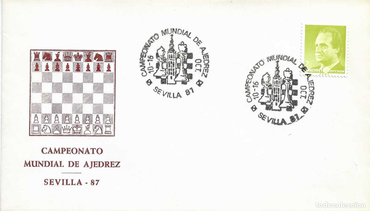 Sellos: AJEDREZ CAMPEONATO MUNDIAL, SEVILLA 1987. MATASELLOS EN SOBRE ILUSTRADO TABLERO RARO ASI