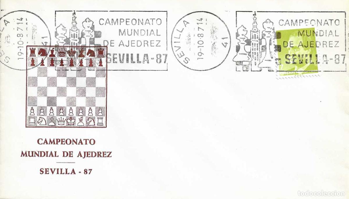 Sellos: AJEDREZ CAMPEONATO MUNDIAL, SEVILLA 1987. MATASELLOS DE RODILLO EN SOBRE ILUSTRADO TABLERO RARO ASI