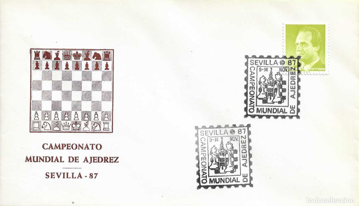 Sellos: AJEDREZ KASPAROV-KARPOV CAMPEONATO MUNDIAL, SEVILLA 1987. MATASELLOS EN SOBRE ILUSTRADO TABLERO RARO