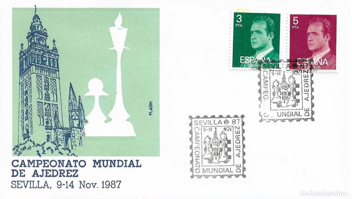 Sellos: AJEDREZ KASPAROV-KARPOV CAMPEONATO MUNDIAL, SEVILLA 1987. MATASELLOS EN SOBRE FLASH LA GIRALDA RARO