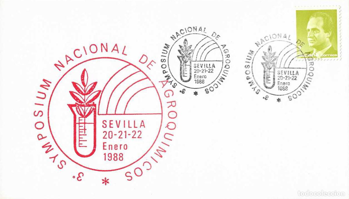 Sellos: QUIMICA SYMPOSIUM NACIONAL DE AGROQUIMICOS, SEVILLA 1988. MATASELLOS EN TARJETA ILUSTRADA RARO ASI