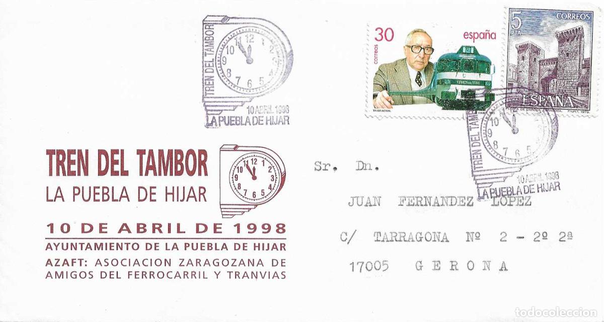 Sellos: TRENES FERROCARRIL TREN DEL TAMBOR, LA PUEBLA DE HIJAR (TERUEL) 10 ABRIL 1998. MATASELLOS RARO SOBRE