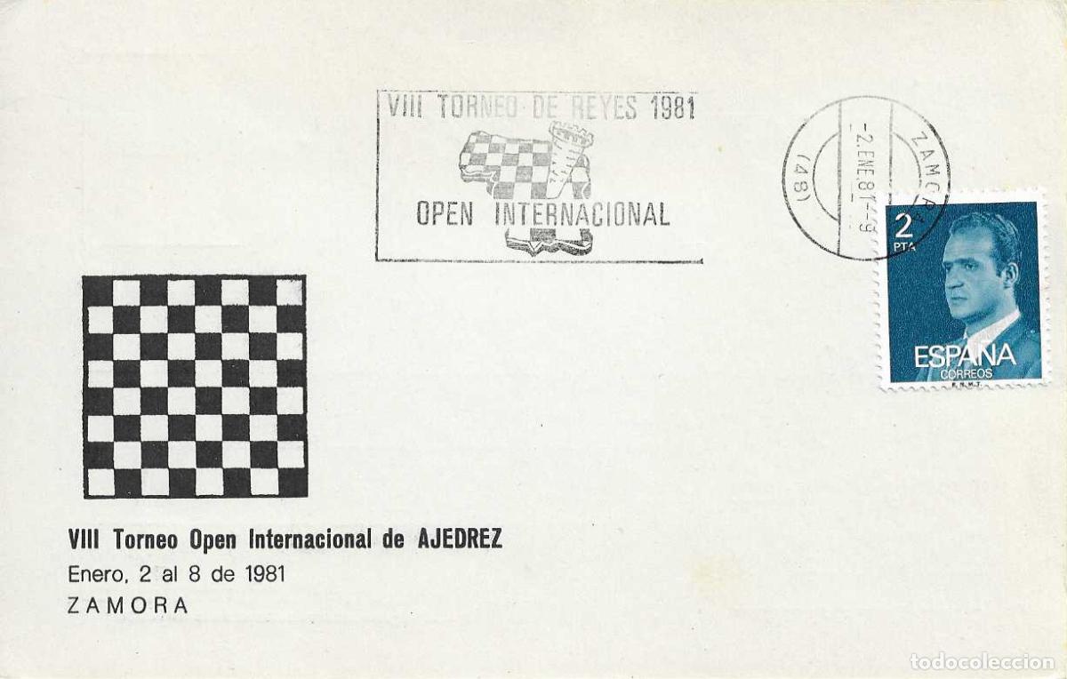 Sellos: AJEDREZ VIII TORNEO DE REYES OPEN INTERNACIONAL, ZAMORA 1981. MATASELLOS RODILLO EN TARJETA RARO VER