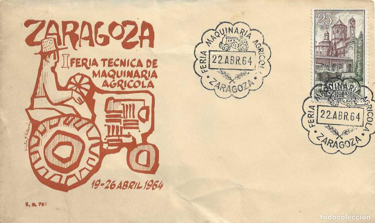 Sellos: MAQUINARIA AGRICOLA FERIA TECNICA, ZARAGOZA 22 ABRIL 1964. MATASELLOS SOBRE SIN CIRCULAR DE EG RARO