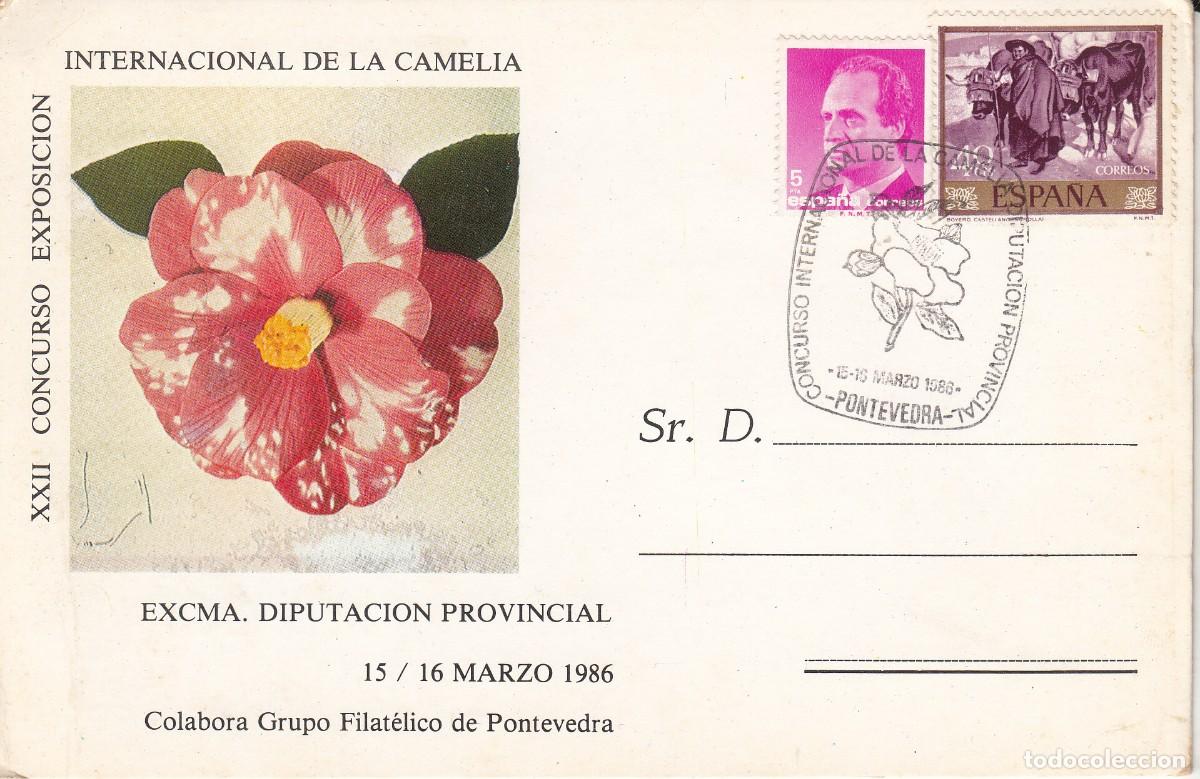 Sellos: MATASELLOS - GALICIA - CONCURSO EXPOSICI&Oacute;N DE LA CAMELIA - PONTEVEDRA - 1986 EN TARJETA
