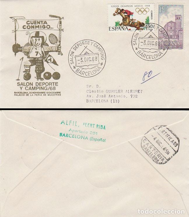 Sellos: A&Ntilde;O 1968, salon del deporte y camping de Barcelona, sobre del sal&oacute;n (oliva) circulado