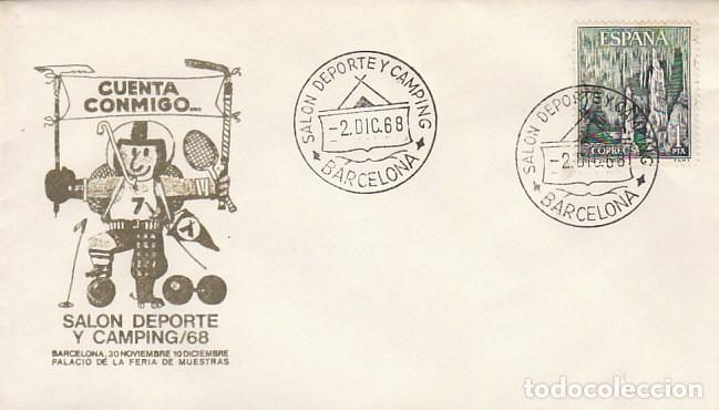 Sellos: A&Ntilde;O 1968, salon del deporte y camping de Barcelona, sobre del sal&oacute;n (oliva)