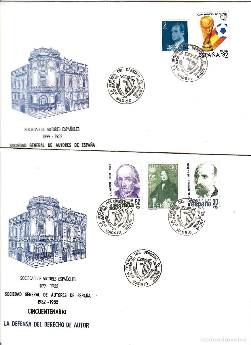 Sellos: 2 SOBRES PRIMER DIA DE ESPA&Ntilde;A PAREJA CINCUENTENARIO SDAD. AUTORES 1982 (AZUL)