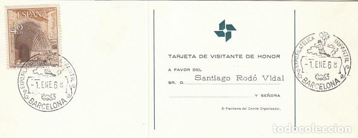Sellos: A&ntilde;o 1968, BARCELONA, NI&Ntilde;O CON GLOBO, SALON DE LA INFANCIA, EN TARJETA DE VISITANTE DE HONOR