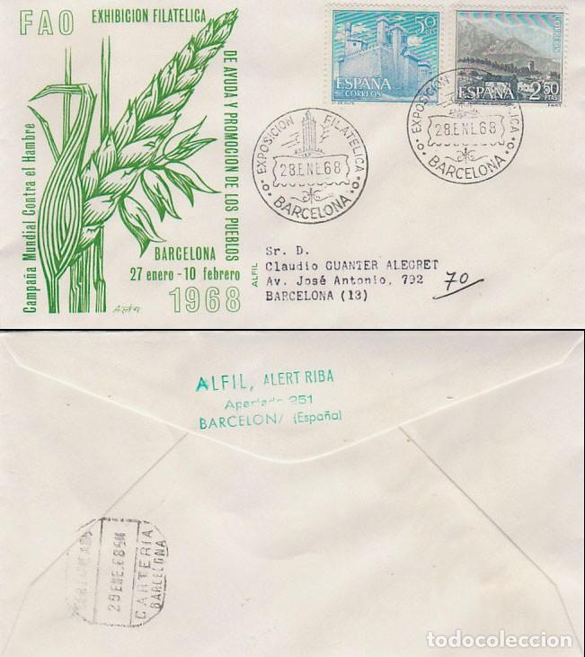 Sellos: A&ntilde;o 1968, BARCELONA, Fao, campa&ntilde;a nacional contra el hambre, SOBRE DE ALFIL CIRCULADO