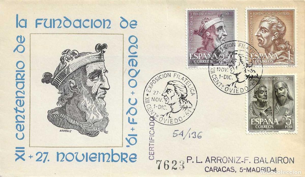 Sellos: EXPOSICION XII CENTENARIO FUNDACION, OVIEDO (ASTURIAS) 1961. RARO MATASELLOS EN SOBRE ARRONIZ AZUL