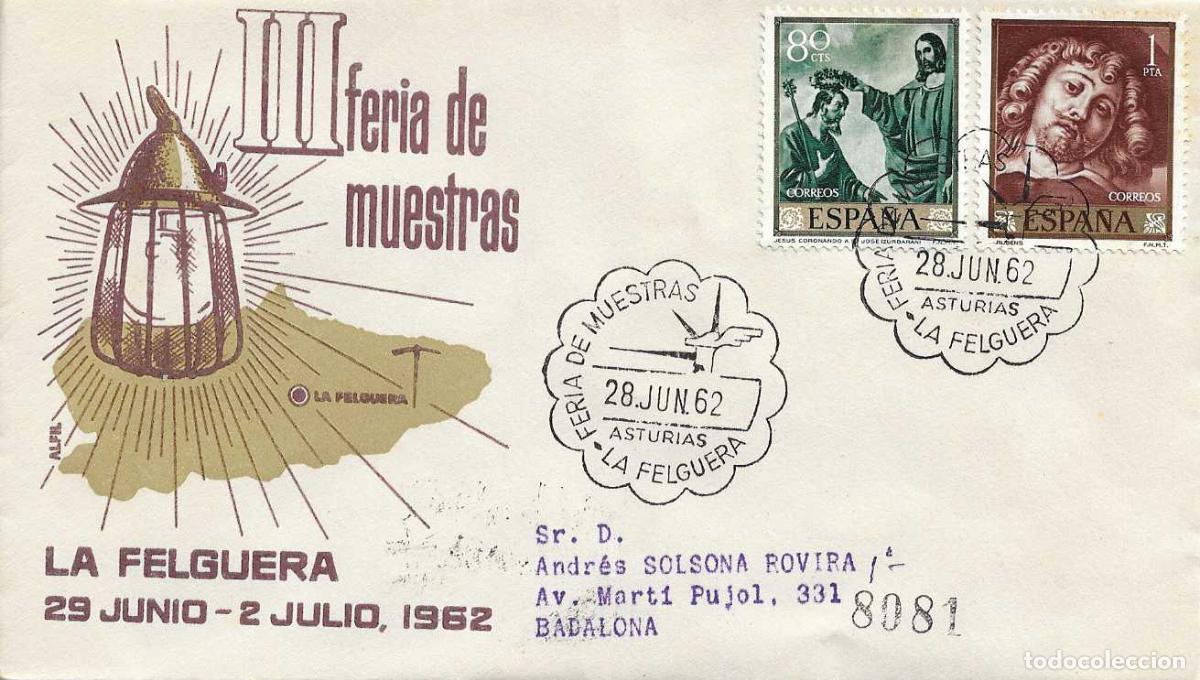 Sellos: III FERIA DE MUESTRAS LA FELGUERA (ASTURIAS) 28 JUNIO 1962 RARO MATASELLOS SOBRE CIRCULADO ALFIL RWR