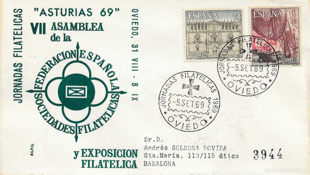 Sellos: JORNADAS FILATELICAS, OVIEDO (ASTURIAS) 5 SEPTIEMBRE 1969. MATASELLOS EN SOBRE CIRCULADO ALFIL RWR