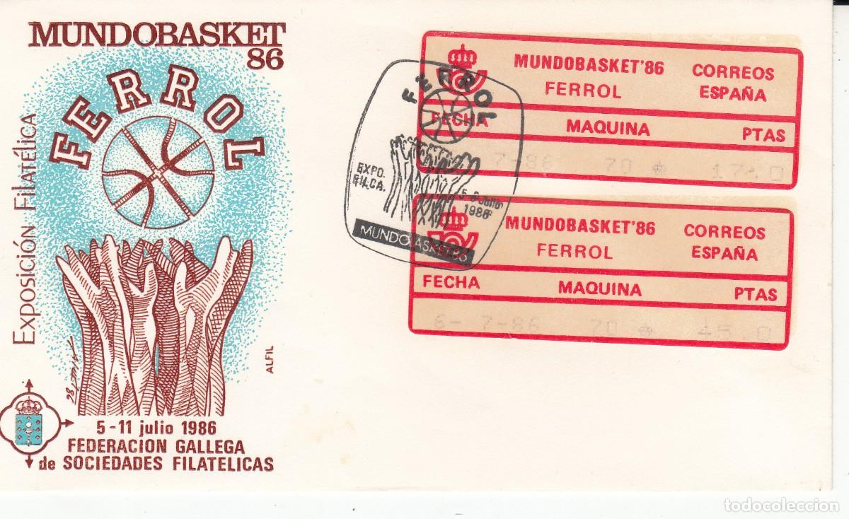 Sellos: MATASELLOS TEM. BALONCESTO - MUNDOBASKET 86 - EL FERROL 1986 - SOBRE ETIQUETAS