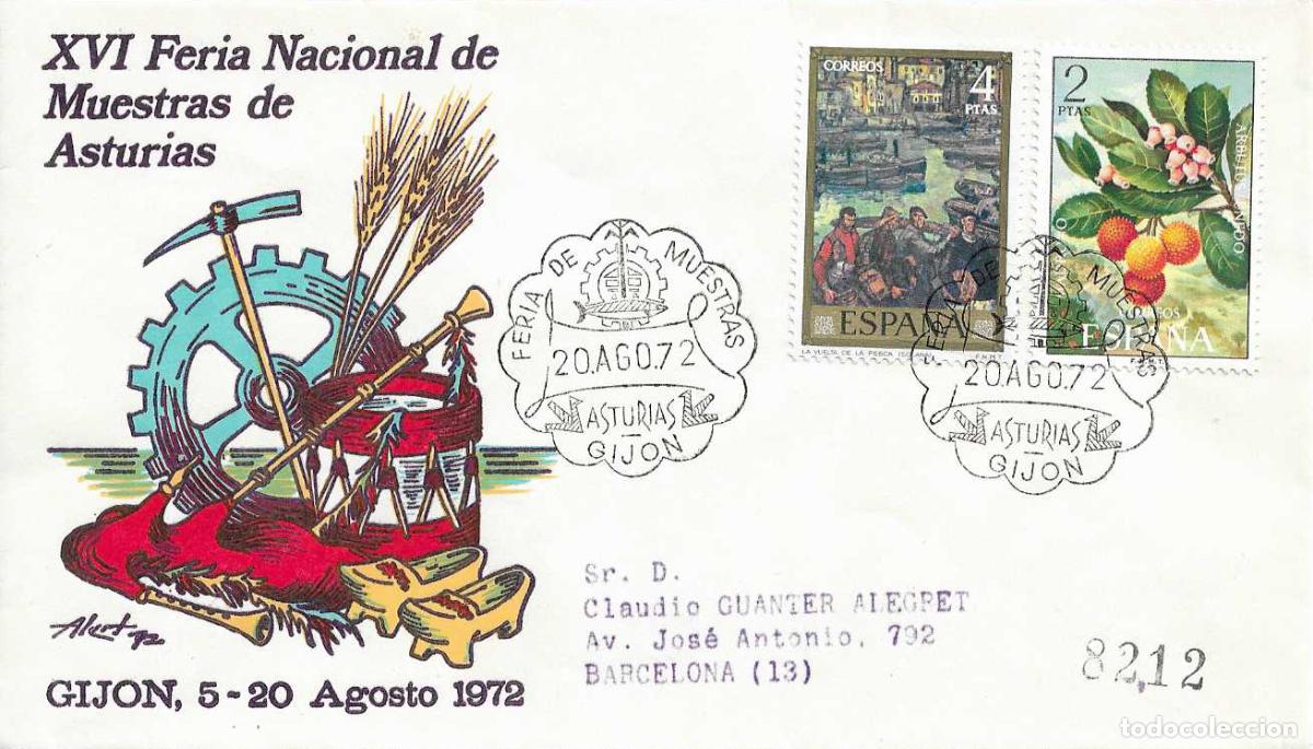 Sellos: XVI FERIA NACIONAL MUESTRAS DE ASTURIAS, GIJON 20 AGOSTO 1972. MATASELLOS SOBRE CIRCULADO ALFIL RARO