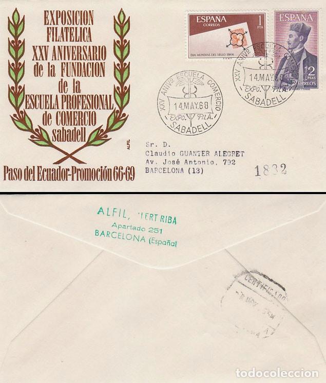 Sellos: A&ntilde;o 1968, SABADELL, FUNDACION DE LA ESCUELA PROFRESIONAL DE COMERCIO, SOBRE DE ALFIL CIRCULADO
