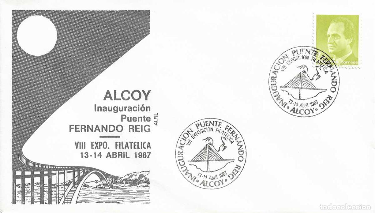 Sellos: PUENTES INAUGURACION PUENTE FERNANDO REIG, ALCOY (ALICANTE) 1987. RARO MATASELLOS EN SOBRE DE ALFIL