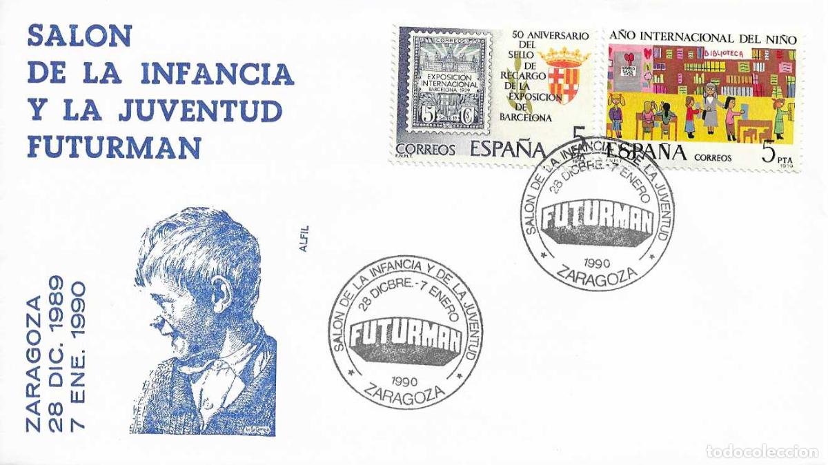 Sellos: FUTURMAN SALON DE LA INFANCIA Y LA JUVENTUD, ZARAGOZA 1989-1990. MATASELLOS EN SOBRE DE ALFIL RARO