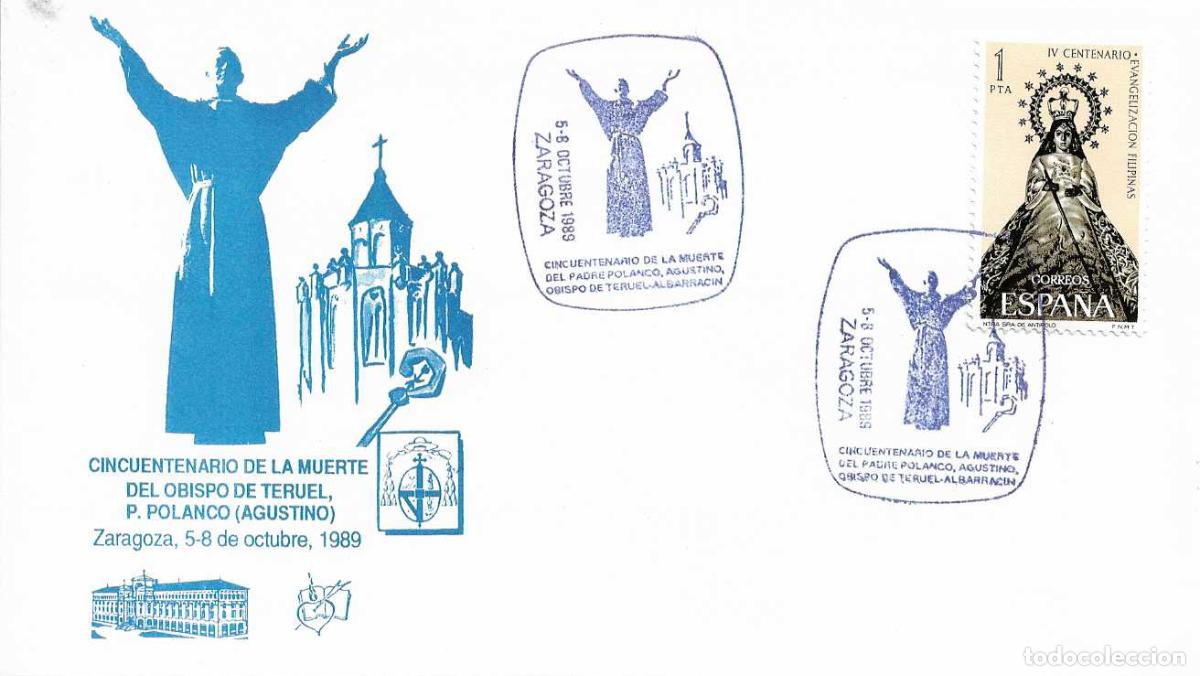 Sellos: PADRE POLANCO OBISPO TERUEL-ALBARRACIN CINCUENTENARIO, ZARAGOZA 1989 MATASELLOS RARO SOBRE ILUSTRADO