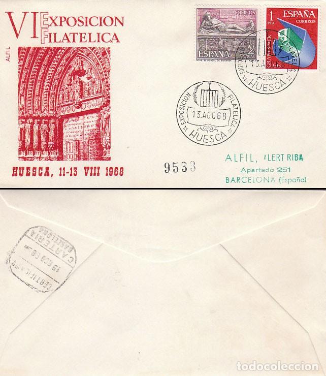 Sellos: A&Ntilde;O 1968, HUESCA, EXPOSICION FILATELICA, EN SOBRE DE ALFIL CIRCULADO