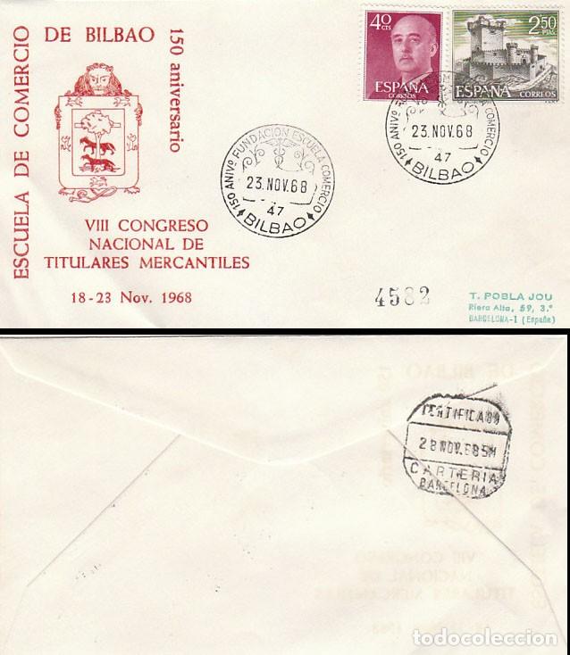 Sellos: A&ntilde;o 1968, BILBAO, Escuela de comercio, 150 aniversario, sobre de Alfil circulado