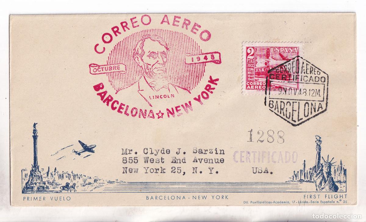 Sellos: SOBRE MAT. ESPECIAL CORREO A&Eacute;REO. BARCELONA A NUEVA YORK 1948. CERTIFICADO