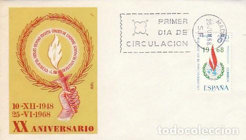 Sellos: EDIFIL 1874, A&Ntilde;O INTERNACIONAL DE LOS DERECHOS HUMANOS, PRIMER DIA 25-6-1968 SOBRE DE ALFIL