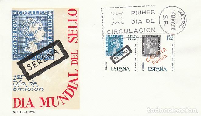Sellos: EDIFIL 1869/70, DIA MUNDIAL DEL SELLO (GALICIA Y SERENA), PRIMER DIA 6-5-1968 SOBRE DEL SFC