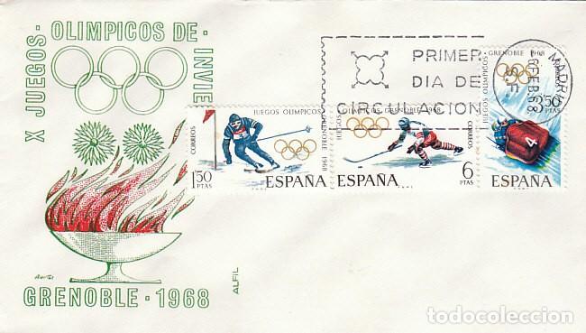 Sellos: EDIFIL 1851/3, JUEGOS OLIMPICOS DE INVIERNO EN GRENOBLE, PRIMER DIA DE 6-2-1968 SOBRE DE ALFIL