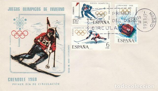 Sellos: EDIFIL 1851/3, JUEGOS OLIMPICOS DE INVIERNO EN GRENOBLE, PRIMER DIA DE 6-2-1968 SOBRE DE SISO
