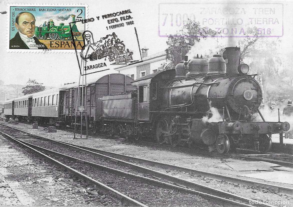 Sellos: TRENES LIBRO Y FERROCARRIL EXPOSICION FILATELICA, ZARAGOZA 1992. RARO MATASELLOS TARJETA VER REVERSO